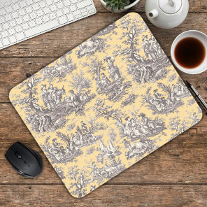 Elegant Yellow Grey Vintage French Toile de Jouy Mouse Pad