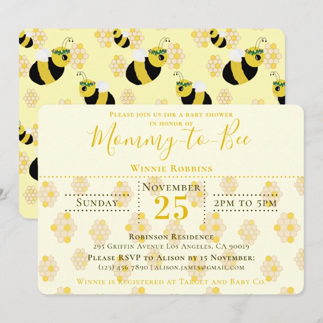 Elegant Yellow Honeycomb Mommy to Bee Baby Shower Invitation (Front/Back)