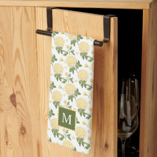 Elegant Yellow Hydragea Floral Monogram Kitchen Towel