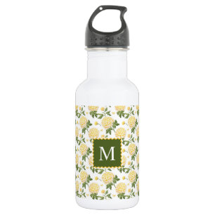 Elegant Yellow Hydragea Floral Monogram Stainless Steel Water Bottle