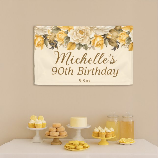 Elegant Yellow Ivory Cream Floral 90th Birthday Banner (Yellow and cream-colored floral 90th birthday party banner)