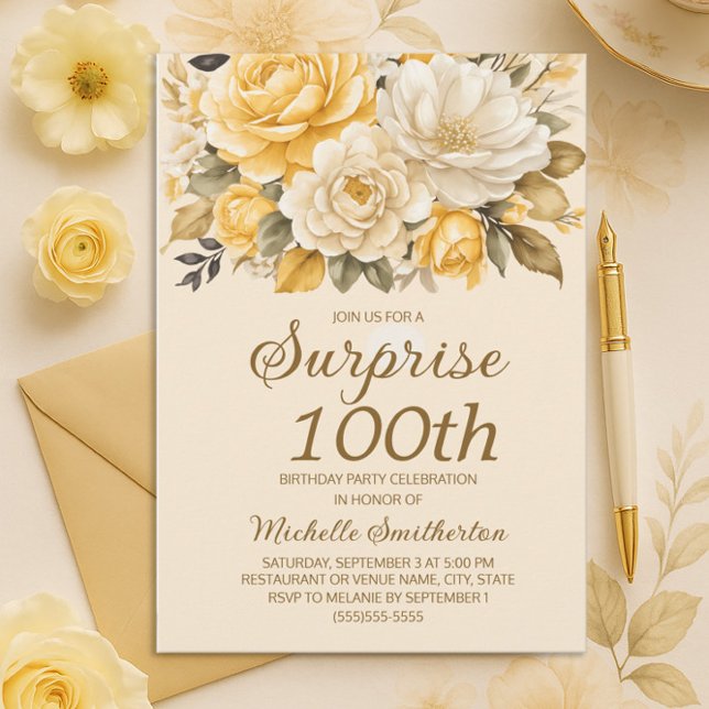 Elegant Yellow Ivory Cream Floral Surprise 100th Invitation (Yellow and cream floral 100th birthday party invitation)