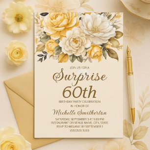 Elegant Yellow Ivory Cream Floral Surprise 60th Invitation