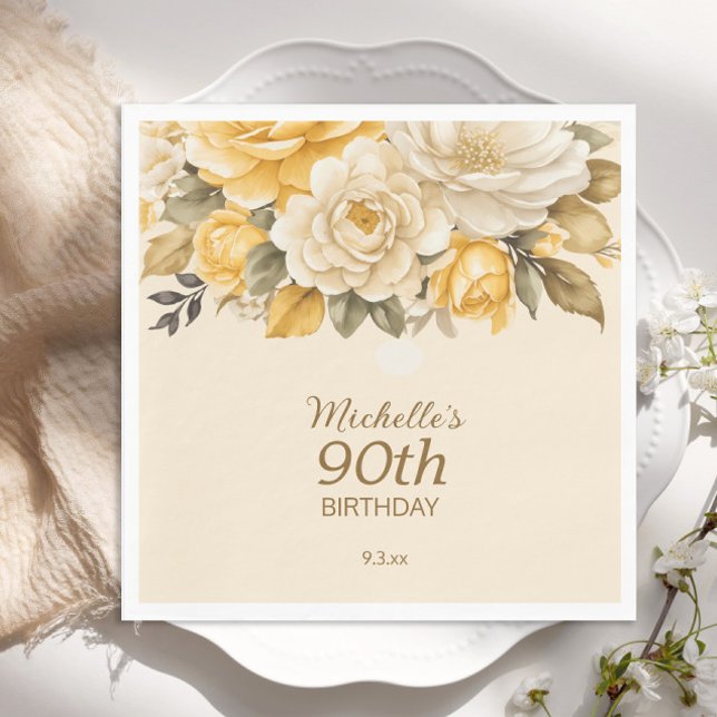 Elegant Yellow Ivory Cream Floral Surprise 90th Napkins (Yellow and cream floral 90th birthday paper plate)