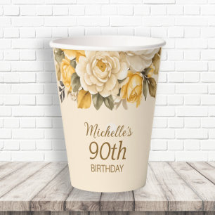 Elegant Yellow Ivory Cream Floral Surprise 90th Paper Cups