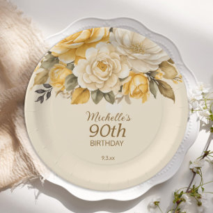 Elegant Yellow Ivory Cream Floral Surprise 90th Paper Plates