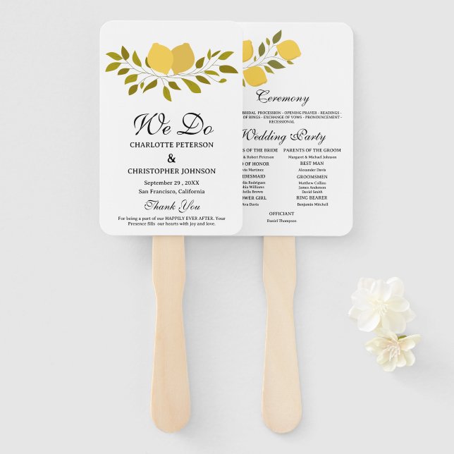 Elegant Yellow Lemon Wedding Program Hand Fan (Front and Back)