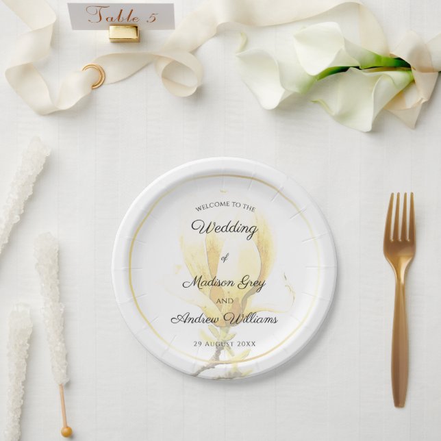 Elegant Yellow Magnolia Wedding Paper Plates (Wedding)