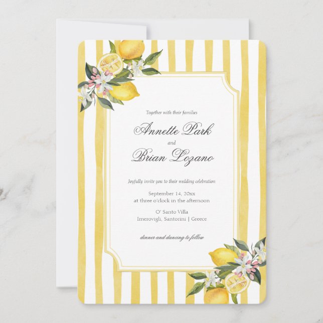 Elegant  Yellow Mediterranean Lemon Wedding Holiday Card (Front)