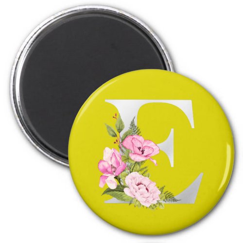 Elegant Yellow Metallic E Floral Monogram Magnet