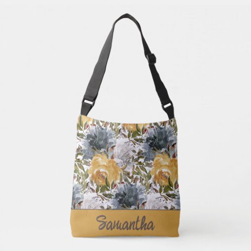 Elegant Yellow Navy Blue Floral Name Crossbody Bag