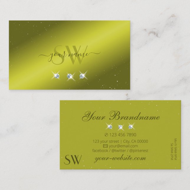 Elegant Yellow Olive Green Sparkle Jewels Monogram Business Card (Front/Back)