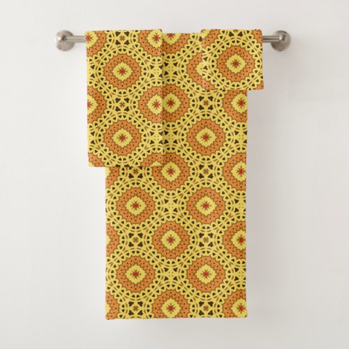 Elegant Yellow  Orange Mosaic Geometric Pattern Bath Towel Set