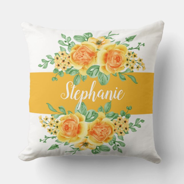 Elegant Yellow Orange Rose Floral Personalized  Throw Pillow (Front)