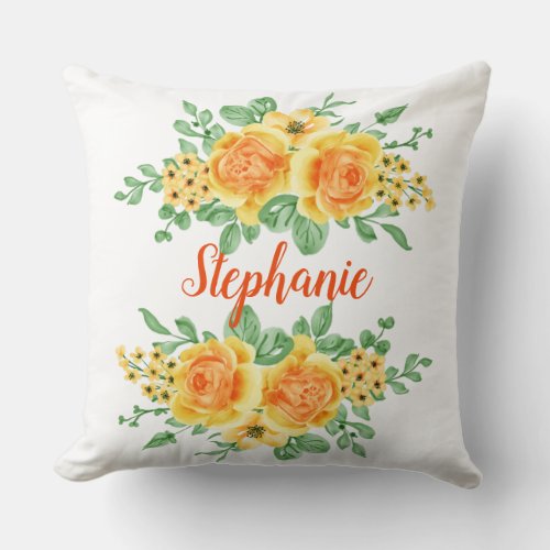 Elegant Yellow Orange Rose Floral Personalized  Throw Pillow