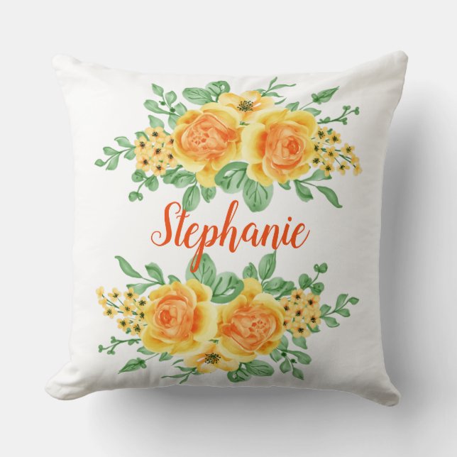 Elegant Yellow Orange Rose Floral Personalized  Throw Pillow (Front)