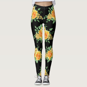 Elegant Yellow Orange Rose Flower Black Leggings