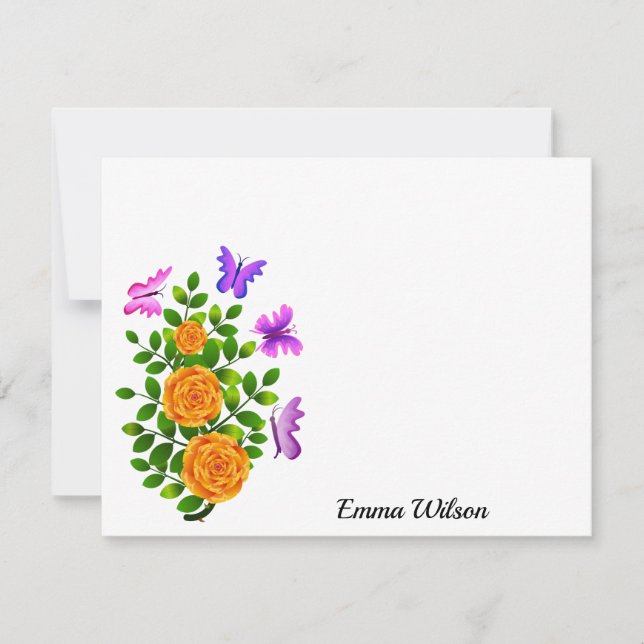 Elegant Yellow Orange Rose Flower With Butterfly Note Card (Front)