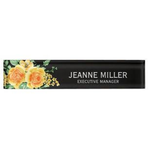 Elegant Yellow Orange Rose Flowers Manager Black Desk Name Plate