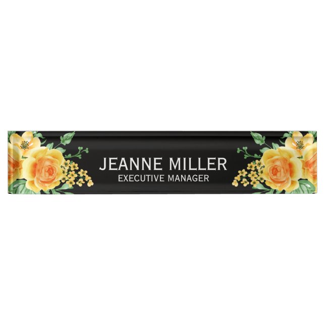 Elegant Yellow Orange Rose Flowers Manager Black Desk Name Plate (Front)