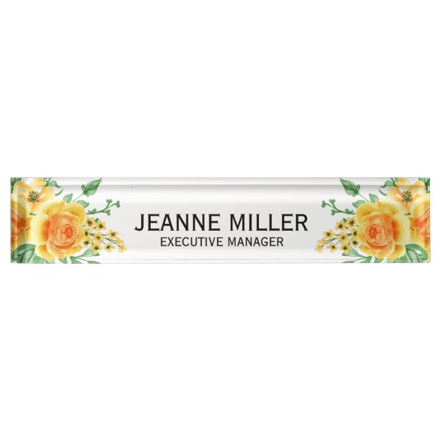 Elegant Yellow Orange Rose Flowers Manager White Desk Name Plate (Front)