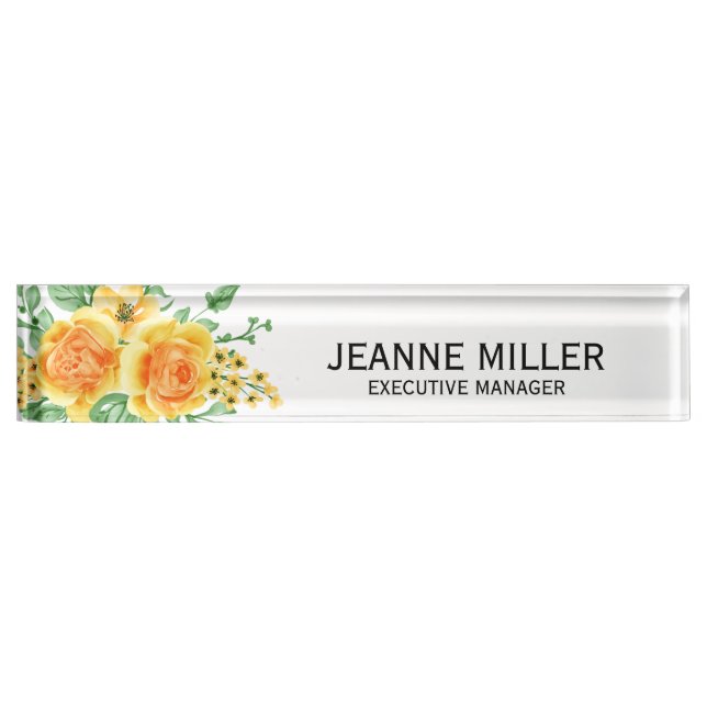 Elegant Yellow Orange Rose Flowers Manager White Desk Name Plate (Front)