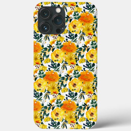 Elegant Yellow Orange Watercolor Floral Pattern iPhone 13 Pro Max Case
