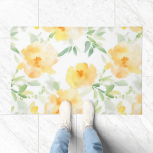 Elegant yellow peach orange watercolor floral doormat