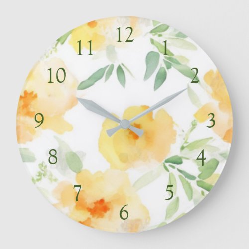 Elegant yellow peach orange watercolor floral  large clock
