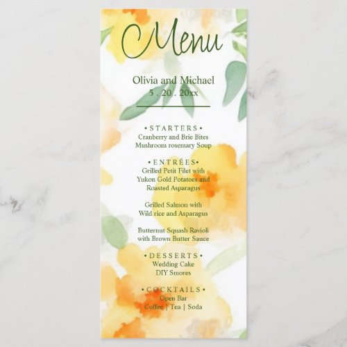 Elegant yellow peach orange watercolor floral  menu