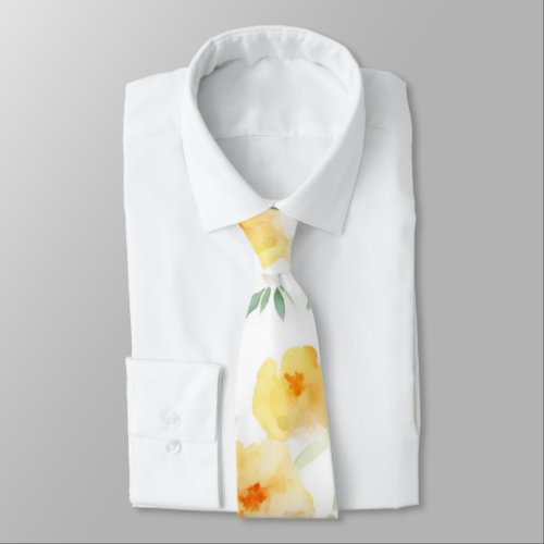Elegant yellow peach orange watercolor floral  neck tie