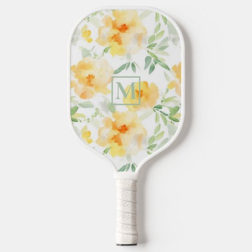 Elegant yellow peach orange watercolor floral  pickleball paddle