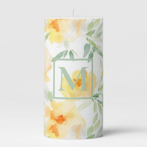 Elegant yellow peach orange watercolor floral  pillar candle