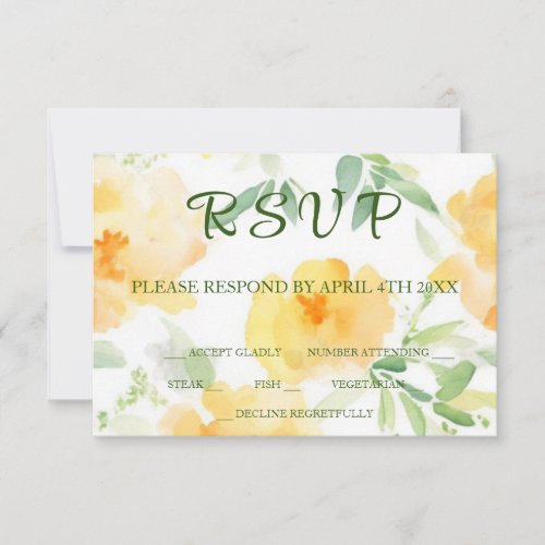 Elegant yellow peach orange watercolor floral  RSVP card