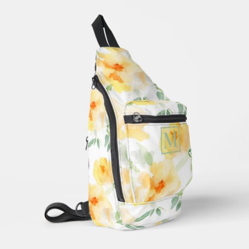 Elegant yellow peach orange watercolor floral  sling bag