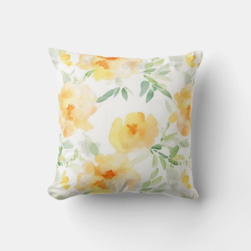 Elegant yellow peach orange watercolor floral  throw pillow
