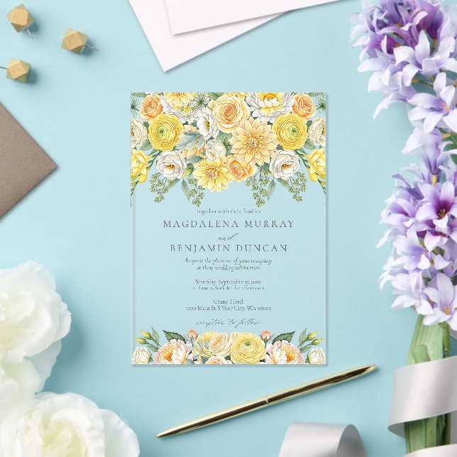 Elegant Yellow Peach & Sage Green Floral Wedding Acrylic Invitations (Insitu (Wedding))