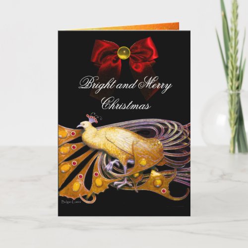 ELEGANT YELLOW PEACOCKGEM STONERED CHRISTMAS BOW HOLIDAY CARD