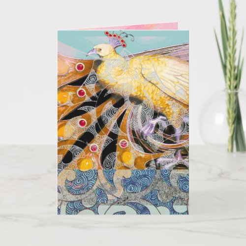 ELEGANT YELLOW PEACOCK WITH BLUE GEOMETRIC SWIRLS HOLIDAY CARD