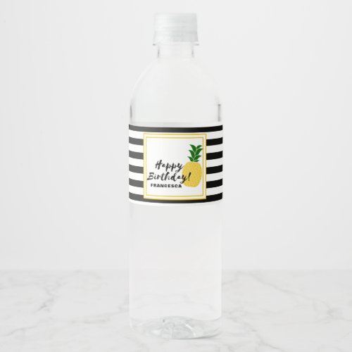 Elegant Yellow Pineapple Happy Birthday Water Bottle Label