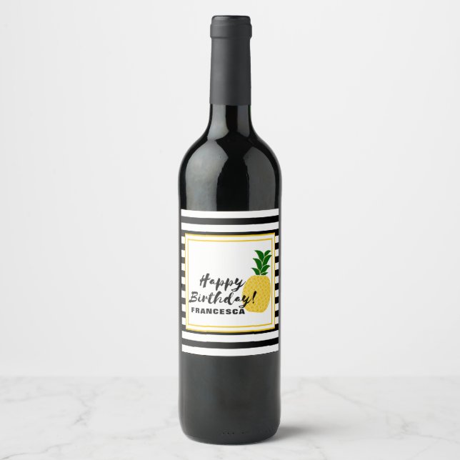 Elegant Yellow Pineapple Happy Birthday Wine Label (Front)