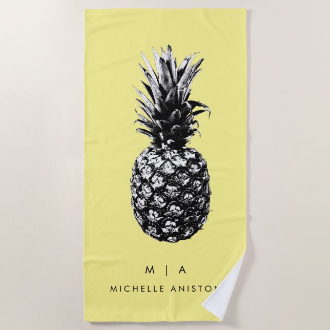Elegant Yellow Pineapple | Monogram Custom Beach Towel (Front)