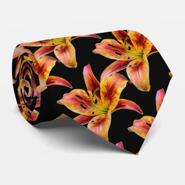 Elegant Yellow Pink Daylilies Neck Tie (Rolled)