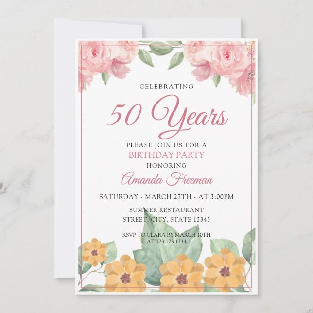 Elegant Yellow & Pink Floral Mother Birthday Invitation (Front)