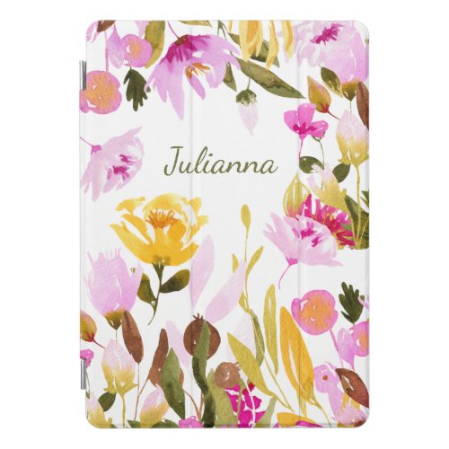 Elegant Yellow Pink Watercolor Floral Personalized iPad Pro Cover