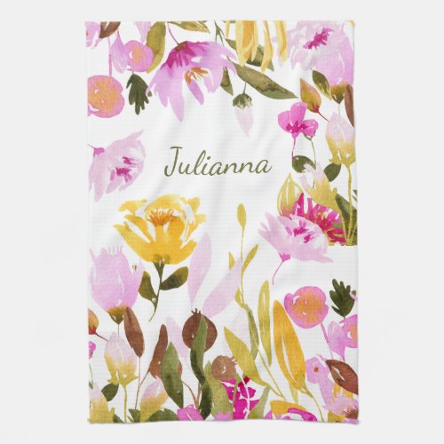 Elegant Yellow Pink Watercolor Floral Personalized Kitchen Towel