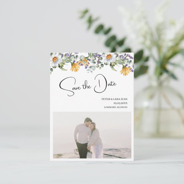 Elegant Yellow Purple Wildflower Wedding Save The Date (Standing Front)