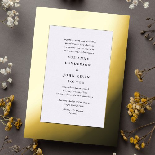Elegant Yellow Real Gold Border Frame Wedding Foil Invitation
