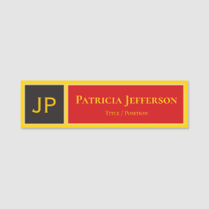 Elegant Yellow, Red and Black: Modern Monogrammed Name Tag