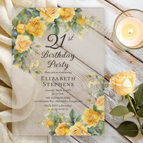 Elegant Yellow Rose 21st Birthday Party Invitation